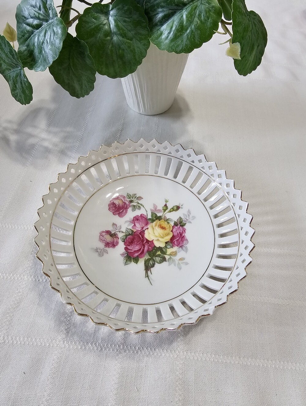 Vintage Hand painted German Pierced Candy Dish/Trinket Gold Trim Floral